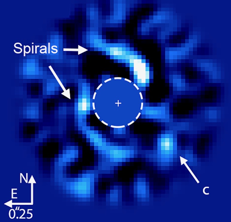 Spiral arms around a star, made by a giant planet